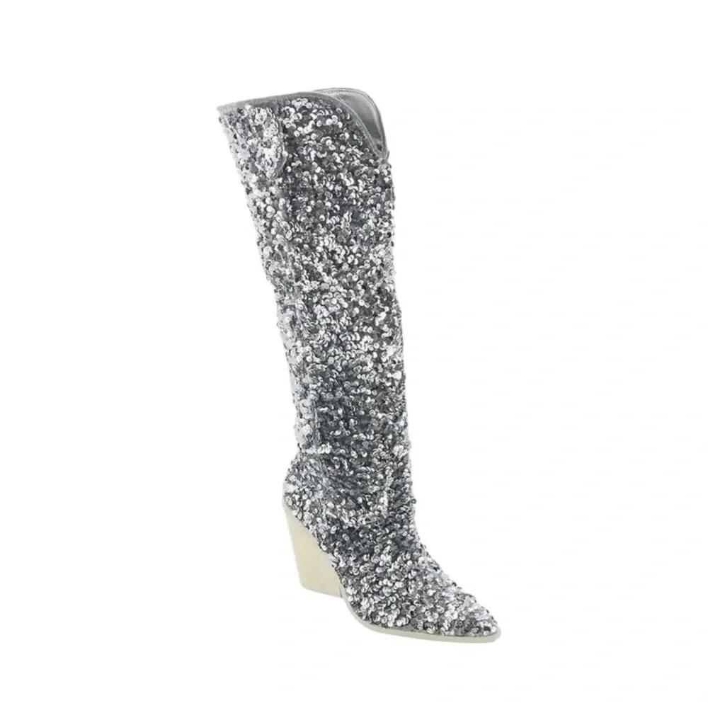 Steve Madden hi heel Boots Tyrus silver Sequin - size 6! NEW! - Picture 9 of 9